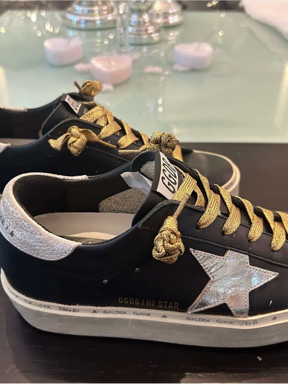 Golden Goose Black Leather Sneakers with Silver Star & gold laces - Picture 3 of 16